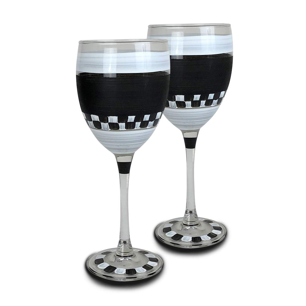 Golden Hill Studio Hand Painted Wine Glasses Set of 2 - Black and White Checkered Chalk Collection - Hand Painted Glassware by USA Artists - Unique and Decorative Wine Glasses, Kitchen Table Décor