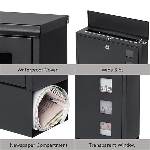 Miniatura 4 de Kasten Buzón de pared para exterior, buzón de metal de gran capacidad con compartimento para periódicos, 14.3 x 4.1 x 11.8 pulgadas, negro