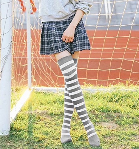 Dazcos Striped Thigh High Socks Elastic Over The Knee Knit Stockings For Daily Or Anime Cosplay (Grey+White) #TOP4