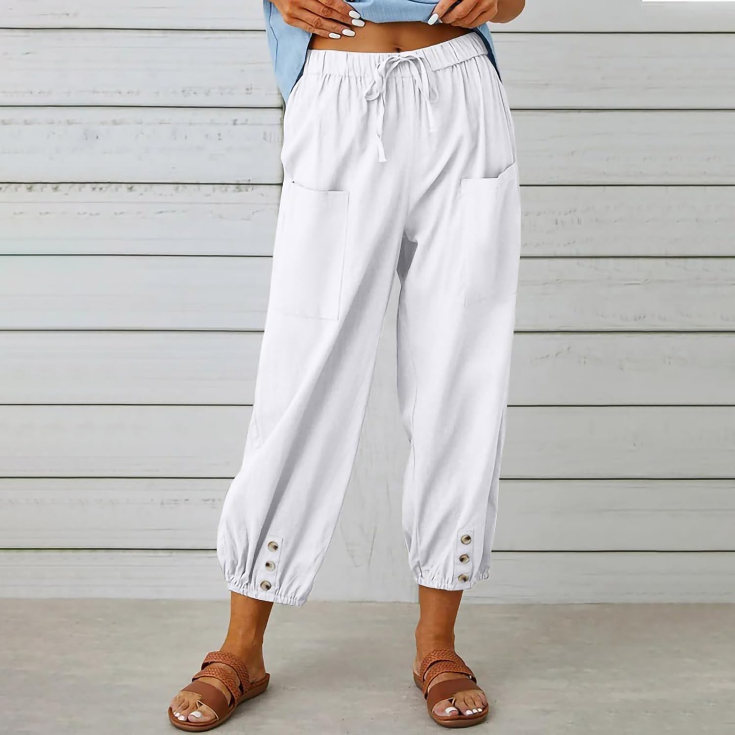 Lightweight Summer Pants Women Loose Fit Drawstring Elastic Waist Cropped Plain Trendy Trousers with Pockets - Image 2