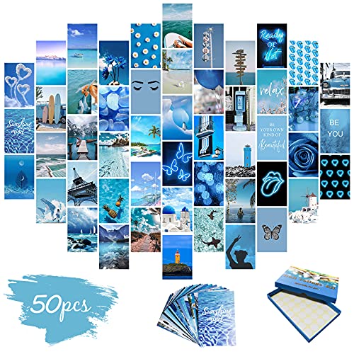 Blue Wall Collage Kit Aesthetic Pictures 50 Set 4x6 Inch Art Photos Collage Kit for Teen Girls and Women Summer Beach Wall Prints Kit VSCO Posters for Bedroom Trendy Neon Collage Kit for Wall