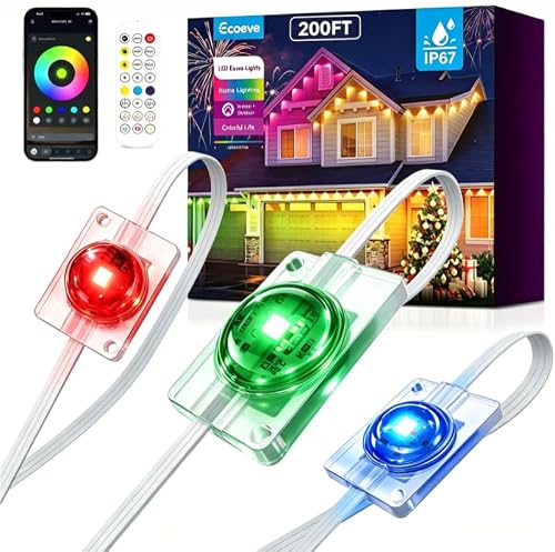 Ecoeve Permanent Outdoor Lights for House 200ft Complete Kit – Includes Strings, Cables, Adapter & Tools; App-Controlled Timer, 16M Color Options, IP67 Rated