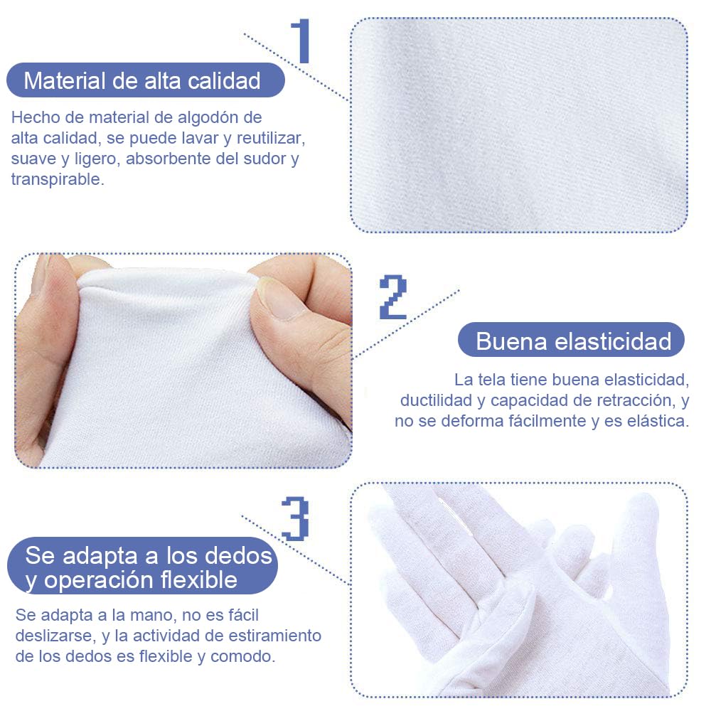 Guantes de Algodón Blanco Profesionales 12 Unidades 6 Pares Reutilizables Hipoalergénicos Transpirables