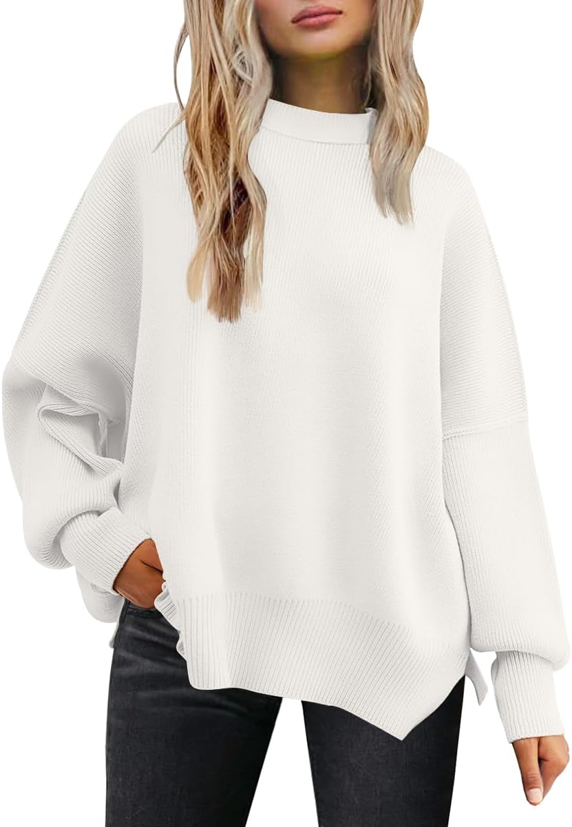 Women's Oversized Batwing Sweaters 2026 Fall Outfits Trendy Crewneck Knit Side Slit Fashion Pullover Tops
