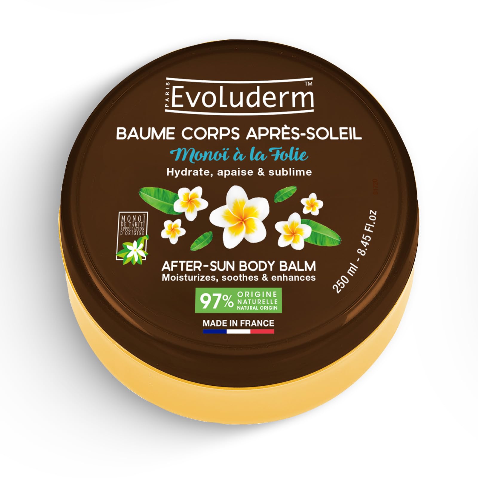 EVOLUDERM – Baume Corps Après Soleil Monoï à la Folie – 250 ml - 97% d’Origine Naturelle - Vegan – Fabrication Française