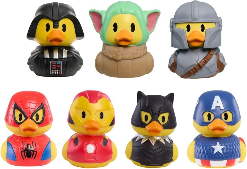 Duckalooz Character Duck Toys, Star Wars™ and Marvel 7pack Bundle | 2.75-inch Tall, Includes Darth Vader, Grogu, The Mandalorian, Marvel's Spiderman, Iron Man, Black Panther, Captain America