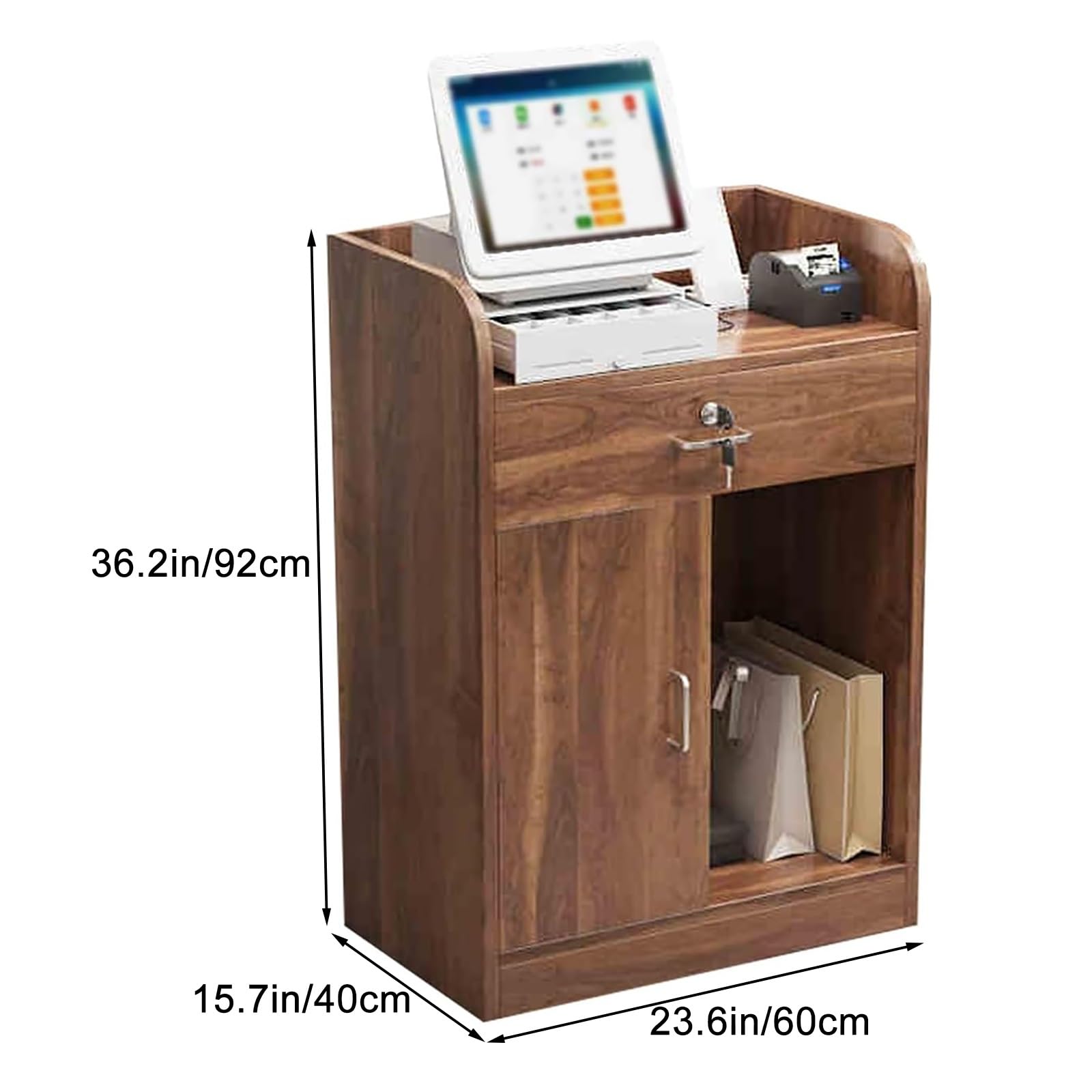 Moderner Empfangstisch mit abschließbarer Schublade, kompakter Thekentisch für Salon, Büro oder Lobby, stilvolles braunes Finish, 60 cm