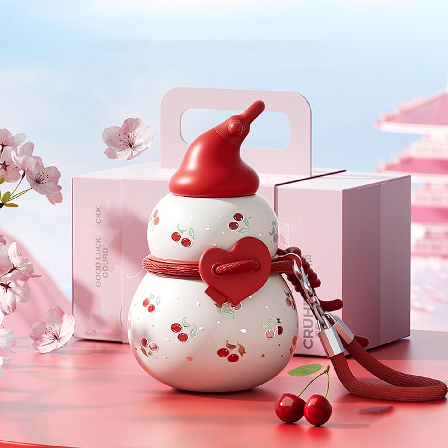 Gourd Water Bottle with Straw, 450ml Portable Water Bottle with Strap, Stylish Look Cute Sports Water Bottle, 316 Stainless Steel for Hot & Cold Drinks for Office Outdoor Travel (Red)