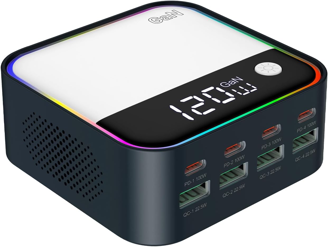 120W GaN USB C Charger Block Fast Charging, MultiPort USB Charging Station with Rainbow Gradient Light & LED Display for iPhone, Samsung Galaxy, iPad, Tablet, Laptop, Drones, Headphones