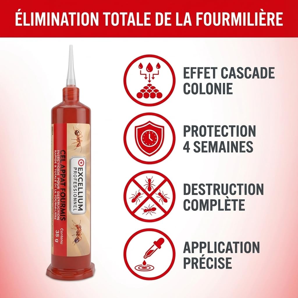 Gel Insecticide Appât Anti-Fourmis 35g EXCELLIUM PROFESSIONNEL | Détruit la fourmilière entière · Effet relais vers la colonie · Actif jusqu'à 4 semaines · Intérieur et extérieur