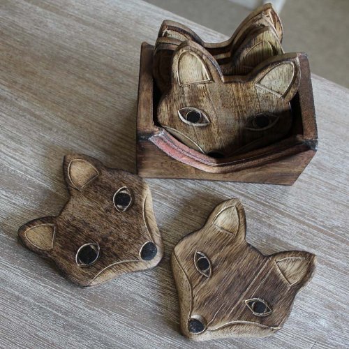 Set of 6 Carved Wooden Fox Coasters in Wooden Stand