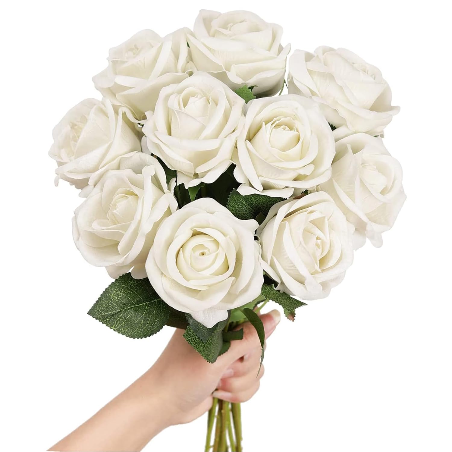 FLYGIRL 12 PCS Artificial Flowers Roses Silk Flowers Fake Long Stem Artificial Roses for Home Wedding Bathroom Kitchen Decorations (White)