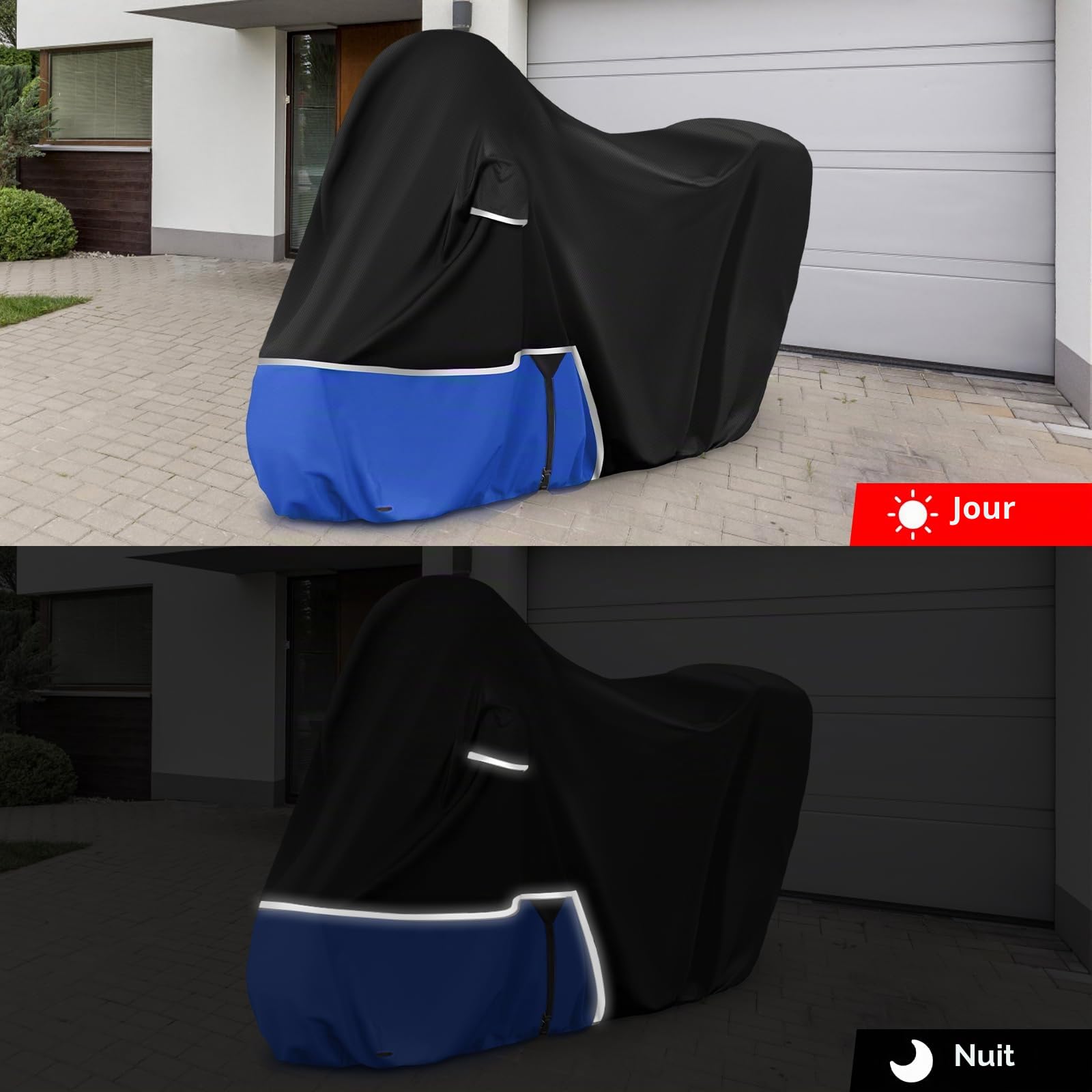 Bâche de Protection Moto, pour Piaggio mp3 400/500 (avec Coffre) | Housse mp3 400 Housse mp3 500 Protection imperméable, résistante à l'hiver, en Tissu Oxford 420D, Noir et Bleu
