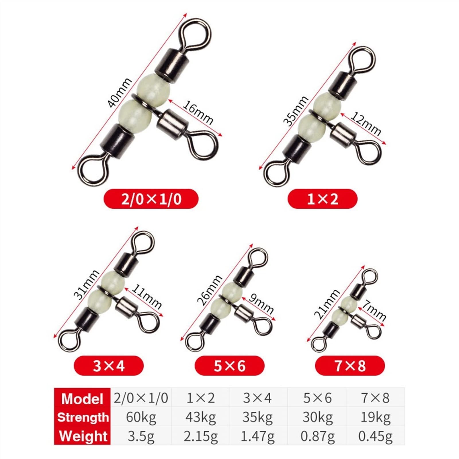 LINFFSTR 20 Pezzi Girelle Lunghe/Corte a Tripla Canna Canna da Pesca in Ottone nichelato Girevole Molta Forza Rotazione Flessibile Girevole con Cuscinetto a Sfera a 3 Vie per Acqua salata Acqua Dolce