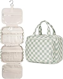 Narwey Large Checkered Hanging Travel Toiletry Bag for Women Wash Bag Cosmetics Makeup Bag Organizer for Full Size Accessories (Checkerboard Mint Green (Large))