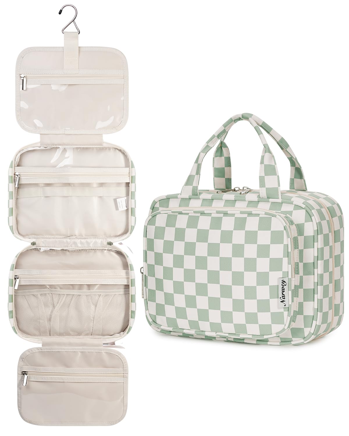 Narwey Large Checkered Hanging Travel Toiletry Bag for Women Wash Bag Cosmetics Makeup Bag Organizer for Full Size Accessories (Checkerboard Mint Green (Large))