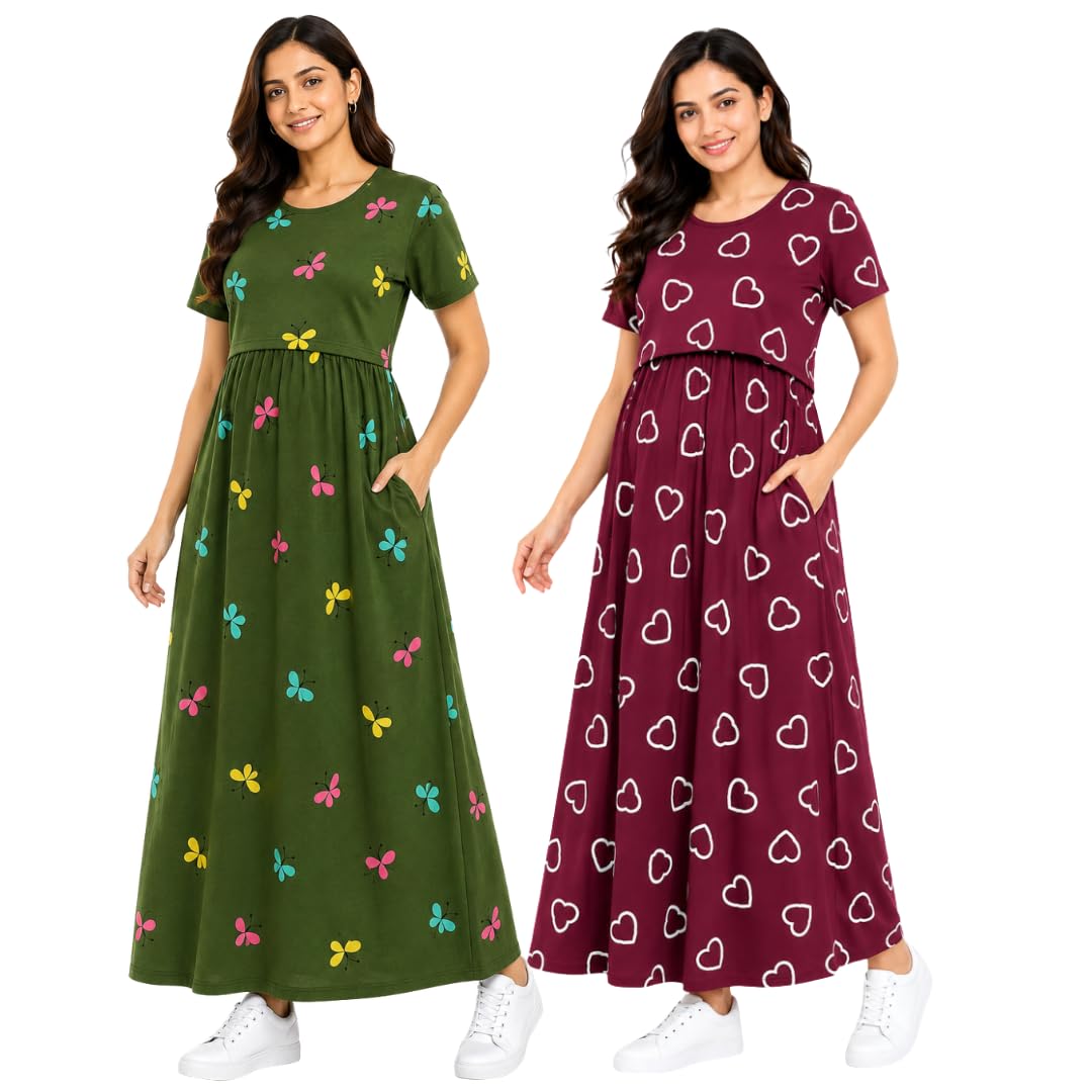 Maternity Feeding Dress Combo Pack of 2 | Zipless Nursing Dress for Women | Soft Cotton Lounge & Outdoor Wear | Pregnancy & Feeding Friendly Maxi Dress with Pockets(OliveGreen,Maroon)-image-26