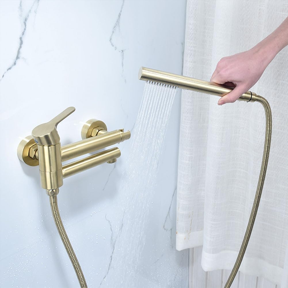 Szczotkowana złota bateria wannowa z montowaną na ścianie głowicą prysznicową 150 cm wąż trwała mosiężna konstrukcja elegancka bateria łazienkowa do nowoczesnego wystroju