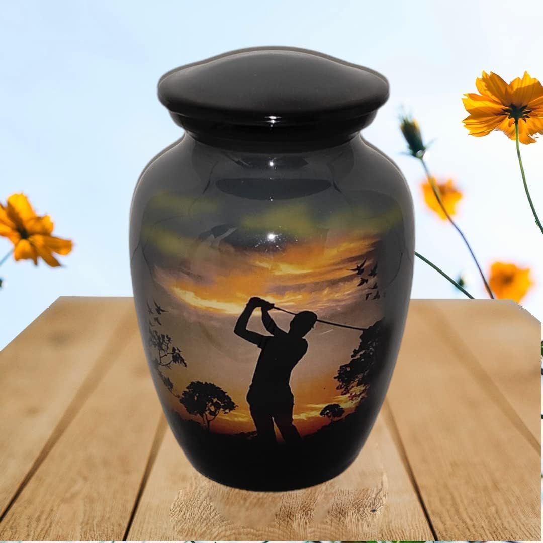 Small 6 x 4 inch Cremation Urn Memorial Container - 650 ml, Lovely Golfer Design. Rare Handicraft,