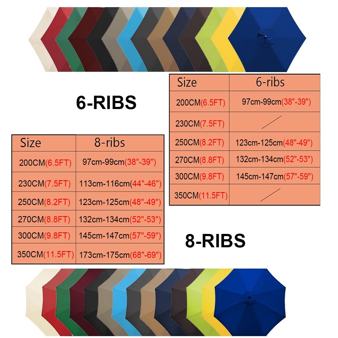 Patio Umbrella Replacement Canopy, 6/8 Ribs Sun Umbrella Replacement Cloth - Garden Parasol Canopy Cover For 2.0m-6 Arms & 3.5m-8 Arms(Khaki,6 ribs-300cm/9.8ft)