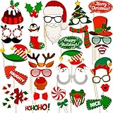 32Pcs Christmas Photo Booth Props, Christmas Party Selfie Prop for Kids Adults, DIY Photography Props Decorations Accessories