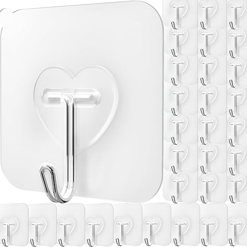 DGYB 30 ganchos adhesivos transparentes para colgar 22 libras, ganchos de pared autoadhesivos resistentes, impermeables, transparentes, ganchos
