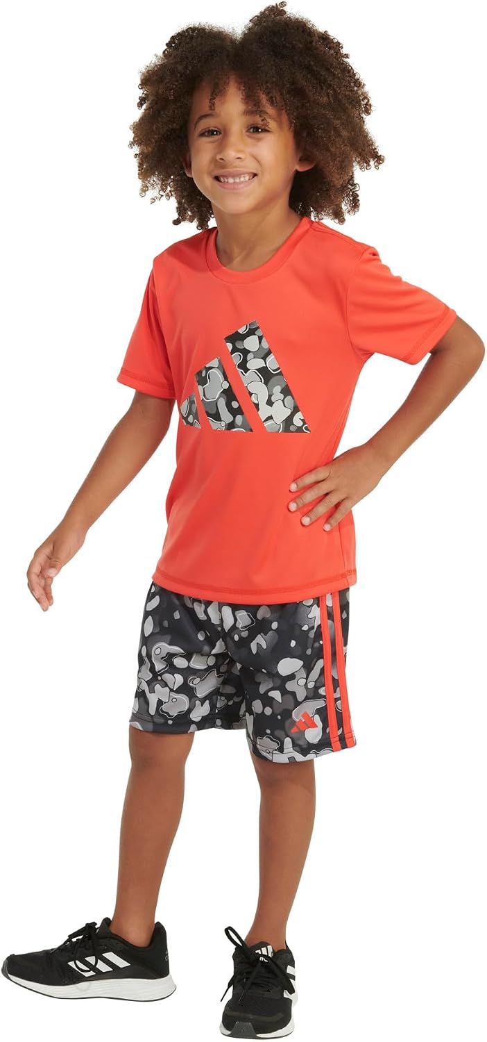 adidas Boys' Short Sleeve T-Shirt and Shorts 2-Piece Set, Bright Red and Black, 4