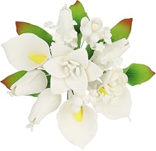O'Creme Gumpaste Edible Flower Spray for Cake Decorating, White Calla Lily & Dahlia - Sugar Paste Flower Decoration for Cakes, Candy, Cupcake Toppers - Birthday, Wedding, Valentines Day, Baby Shower