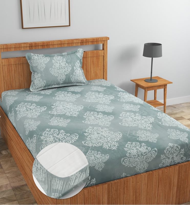 Image of NEW LEAF Premium Cotton Elastic Fitted Bedsheets with 1 Pillow Covers |Solid or Plain Single Bed Elastic 220 TC Supersoft Breathable & Wrinklefree | for 72x36+6 Inches, Silver & White