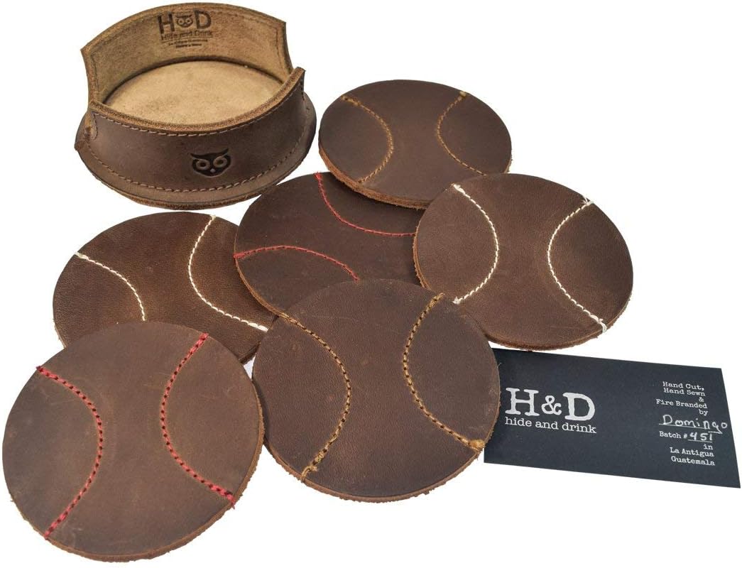 Durable Thick Leather Baseball Coasters (6-Pack) Handmade by Hide & Drink (Bourbon Brown)