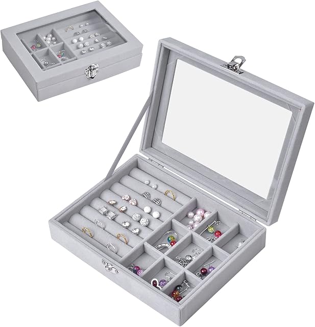 Jewellery Box Organiser 9 Grids Jewelry Storage Case, Velvet Lockable Jewellery Organiser, Removal Tray, Ring Storage Slot, Ring Jewellery Display Storage Box Tray for Rings Earrings Necklace - Grey