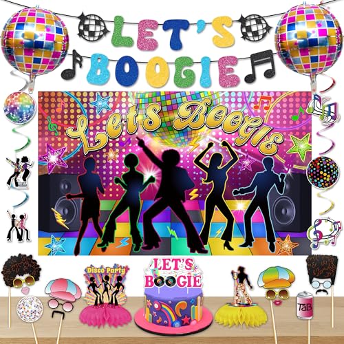 Crenics Disco 70s Theme Party Decorations - Lets Boogie Backdrop Banner Hanging Swirls Centerpieces Photo Props and Cake Topper for 1970s Hippie Birthday Party Supplies
