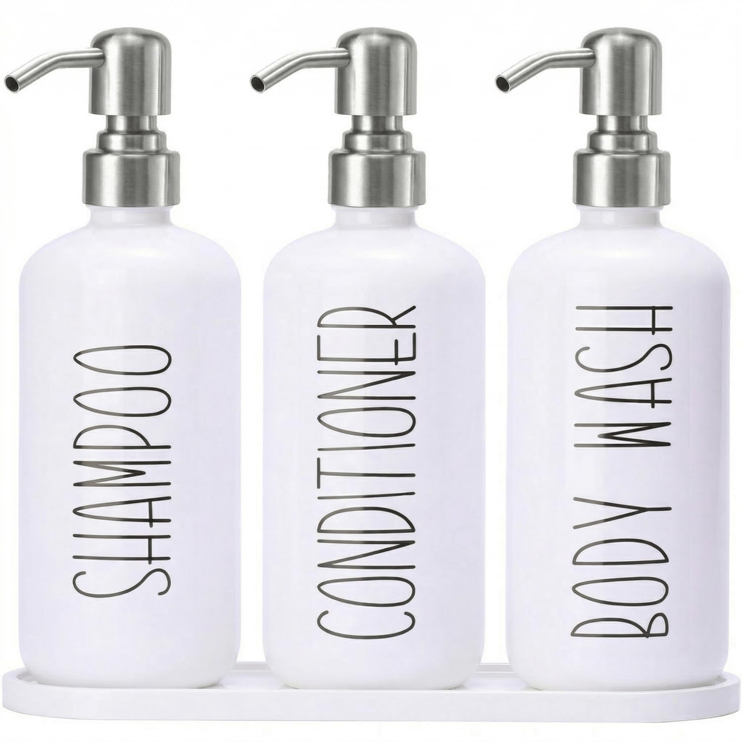 MOMEEMO Flaconi ricaricabili per shampoo e balsamo con vassoio, dispenser per shampoo doccia per doccia, dispenser per bagnoschiuma, dispenser per shampoo, balsamo con pompe in acciaio inossidabile