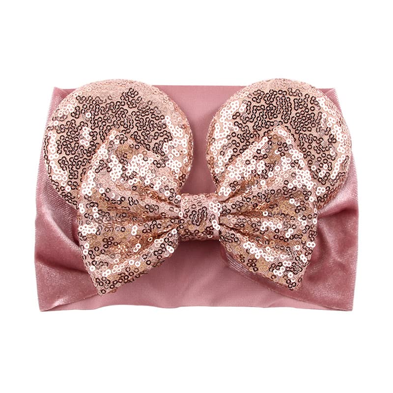 Miniatura 7 de JIAHANG Diadema de turbante con orejas de ratón para bebé niña con lazos de lentejuelas doradas, banda ancha de terciopelo para el pelo para recién