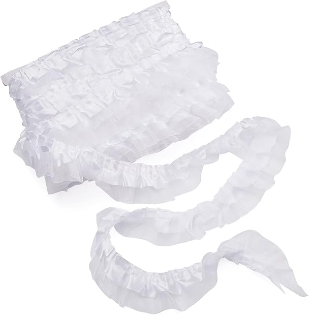 PandaHall 21.8 Yards Satin Organza Lace Edge Trim 2-Layer Gathered Ruffle Chiffon Ribbon 1-5/8 Inch White Pleated Edging Trimmings Fabric for Cloth Sewing Embroidered Applique Wedding Party Décor