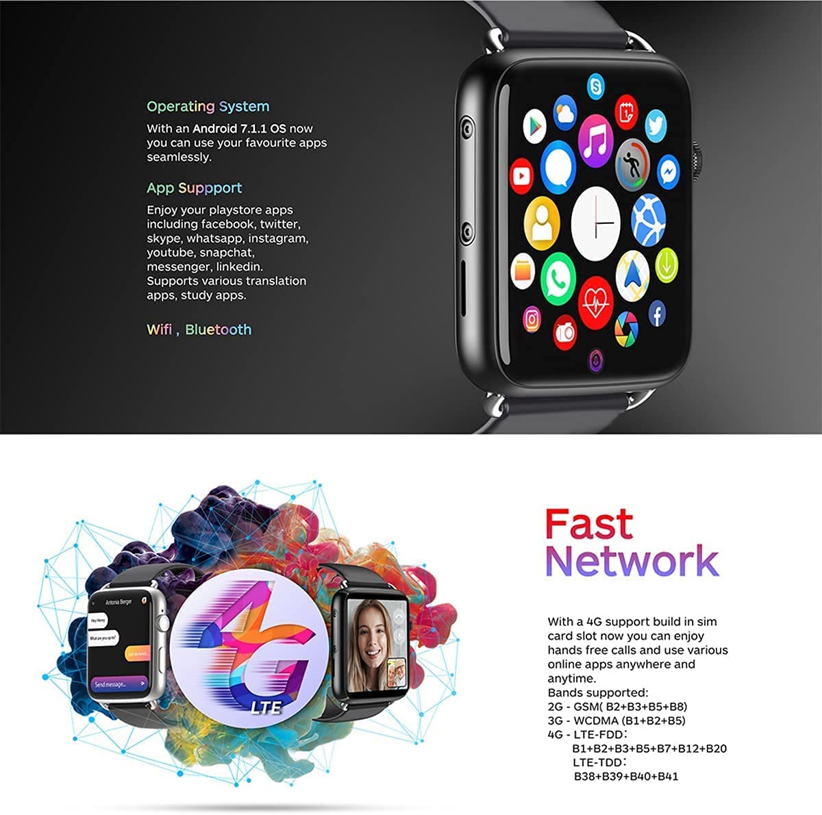 ZUMAHA Reloj inteligente con pantalla IPS de 1.88 pulgadas, ranura para tarjeta nano SIM integrada, sensor de frecuencia cardíaca, podómetro, reloj deportivo