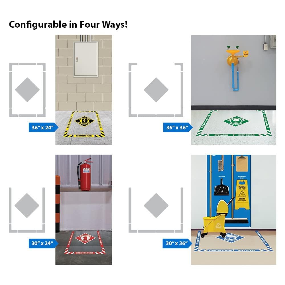 NMC Emergency Eye Wash, Keep Clear Walk-On Floor Marking Kit, Configurable (Includes 12 X 12 Center Floor Sign and Marking Strips with Corner Angles), Textured Non-Slip Surface, WFK01, Multi-Color