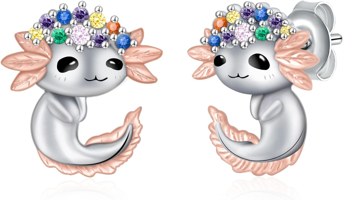 Axolotl/Highland Cow/Panda/Giraffe Stud Earrings 925 Sterling Silver Cute Animal Earrings with with Colored Zircon Animal Jewelry Gift for Girls Women