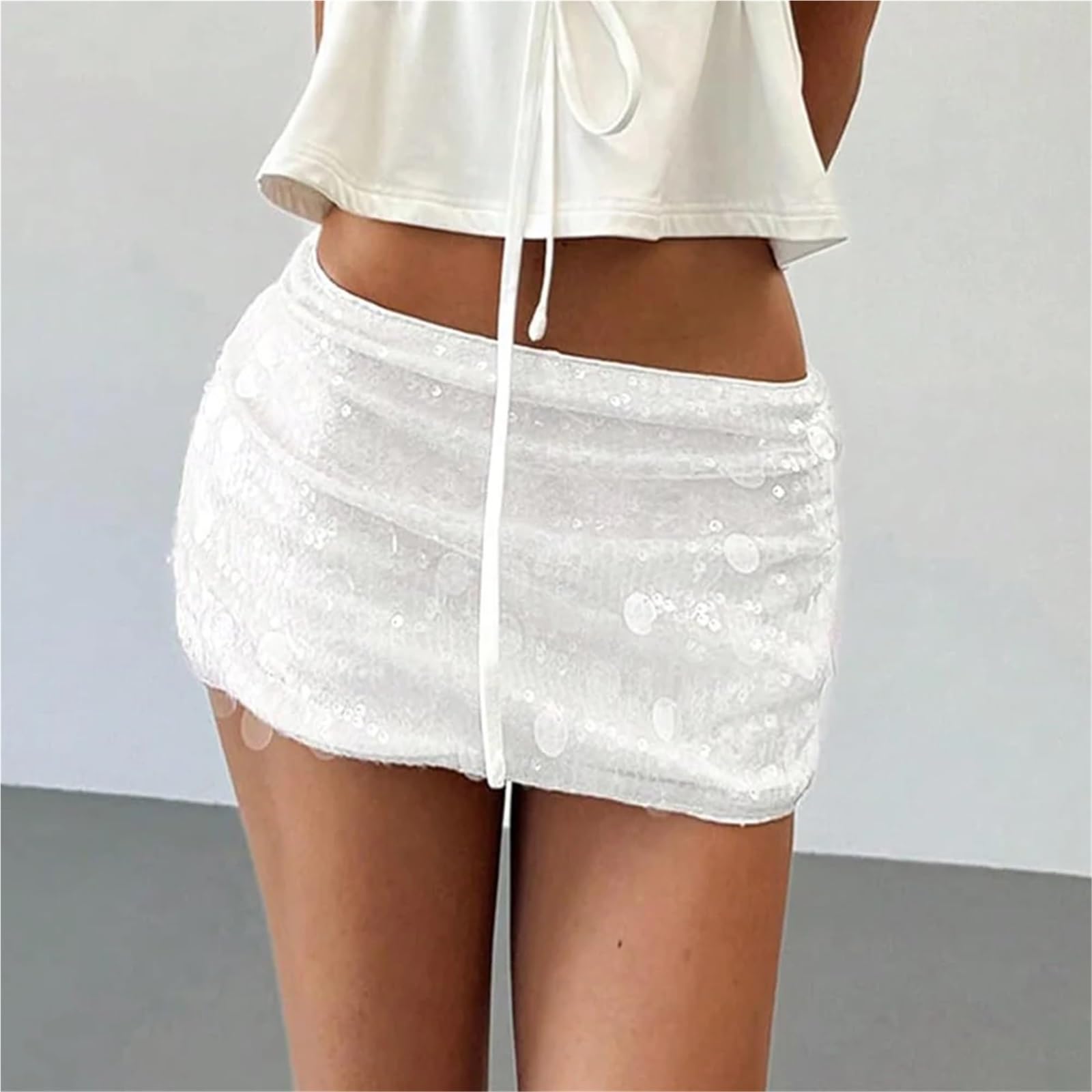 Faldas Cortas de Cintura Baja for Mujer Primavera Verano sólido Brillante con Lentejuelas Ajustadas for Mujer Vacaciones Playa