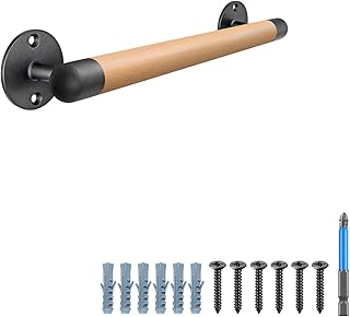 SELEWARE 18 Inch Wood Handrail Stair Handrail Drywall or Concrete Mount Handrail w/Sturdy Metal Base, Barrier-Free Staircase Grab Bar for Elderly, 1.3 Inch Round