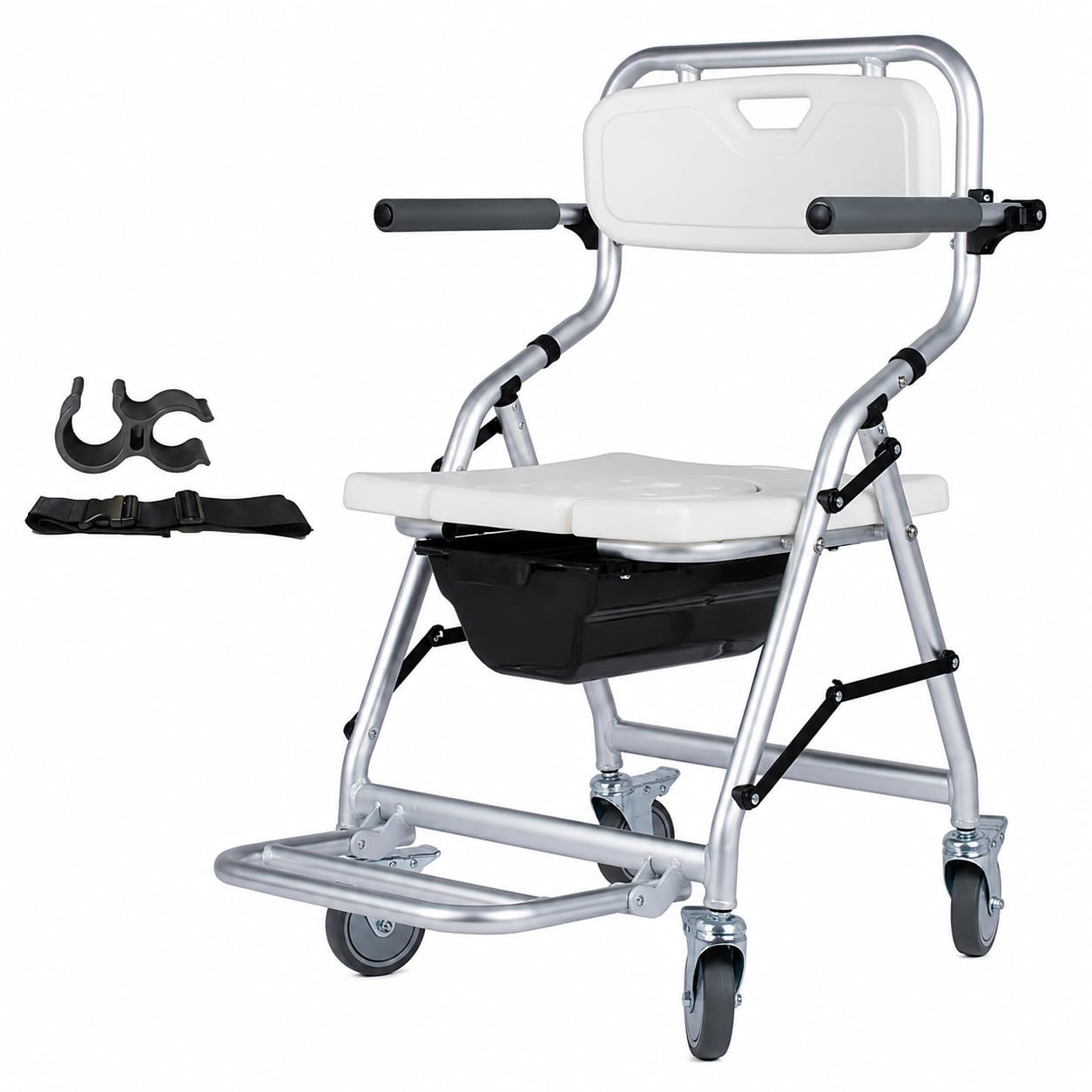 Silla de ducha plegable con ruedas, reposabrazos y reposapiés