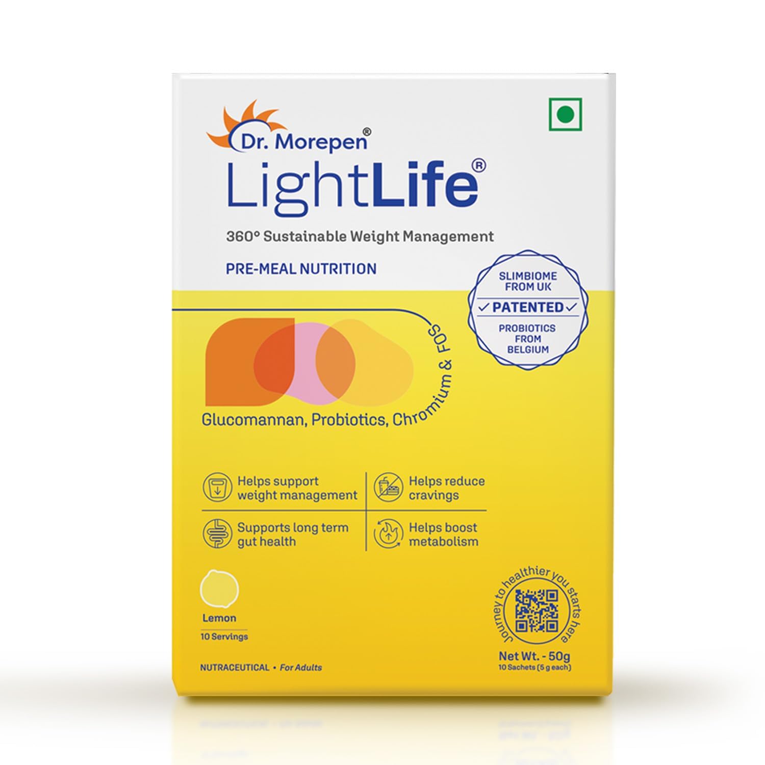 Dr. Morepen LightLife Pre-Meal Nutrition Mix |Controls Appetite & Reduces Cravings | For Men & Women | 10 Sachets | Lemon Flavors