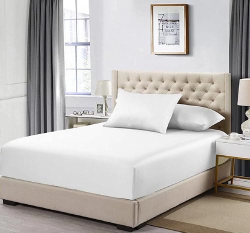 Sábana bajera de percal, con bolsillo extra profundo (22 pulgadas), solo sábana bajera tamaño King, color blanco sólido