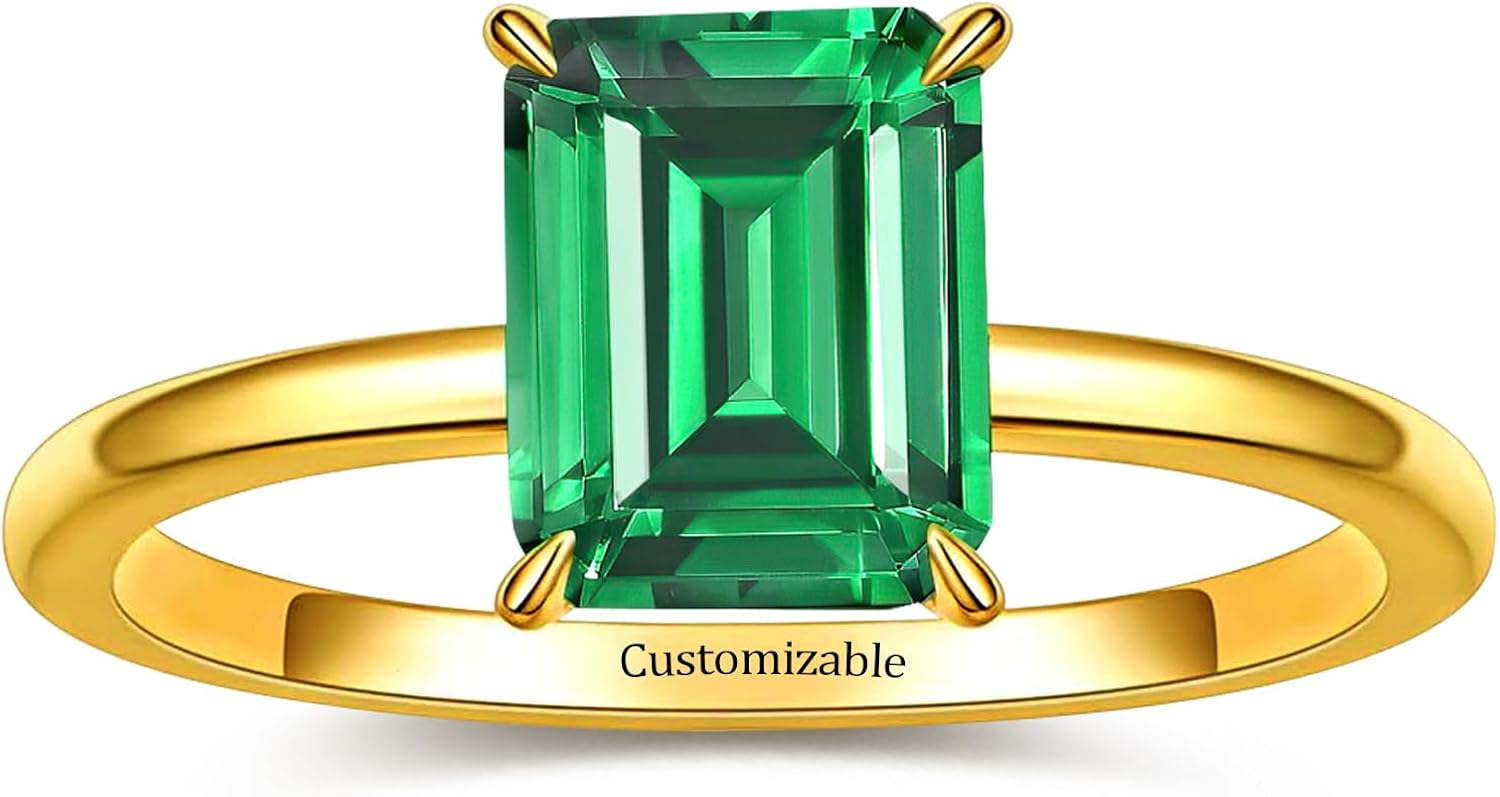 Yaresul 4ct 8x10mm Emerald-Cut Class Gemstone Birthstone Simulated Emerald Solitaire Engagement Rings for Women Gift for Mothers, Grandma Thanksgiving Day 14K Gold plated 925 Sterling Silver Size 5-10