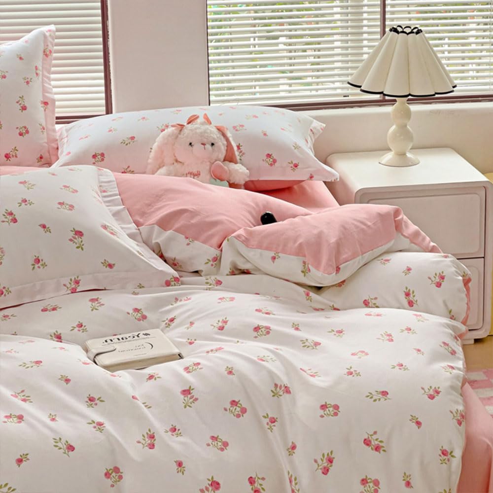 Single Bed Duvet Cover Sets White Pink Flowers Floral Microfibre Reversible Bedding Set 2pcs Botanical Aesthetic Quilt Comforter Cover 135x200 with Zipper Closure and 1 Pillowcase 50x75 cm