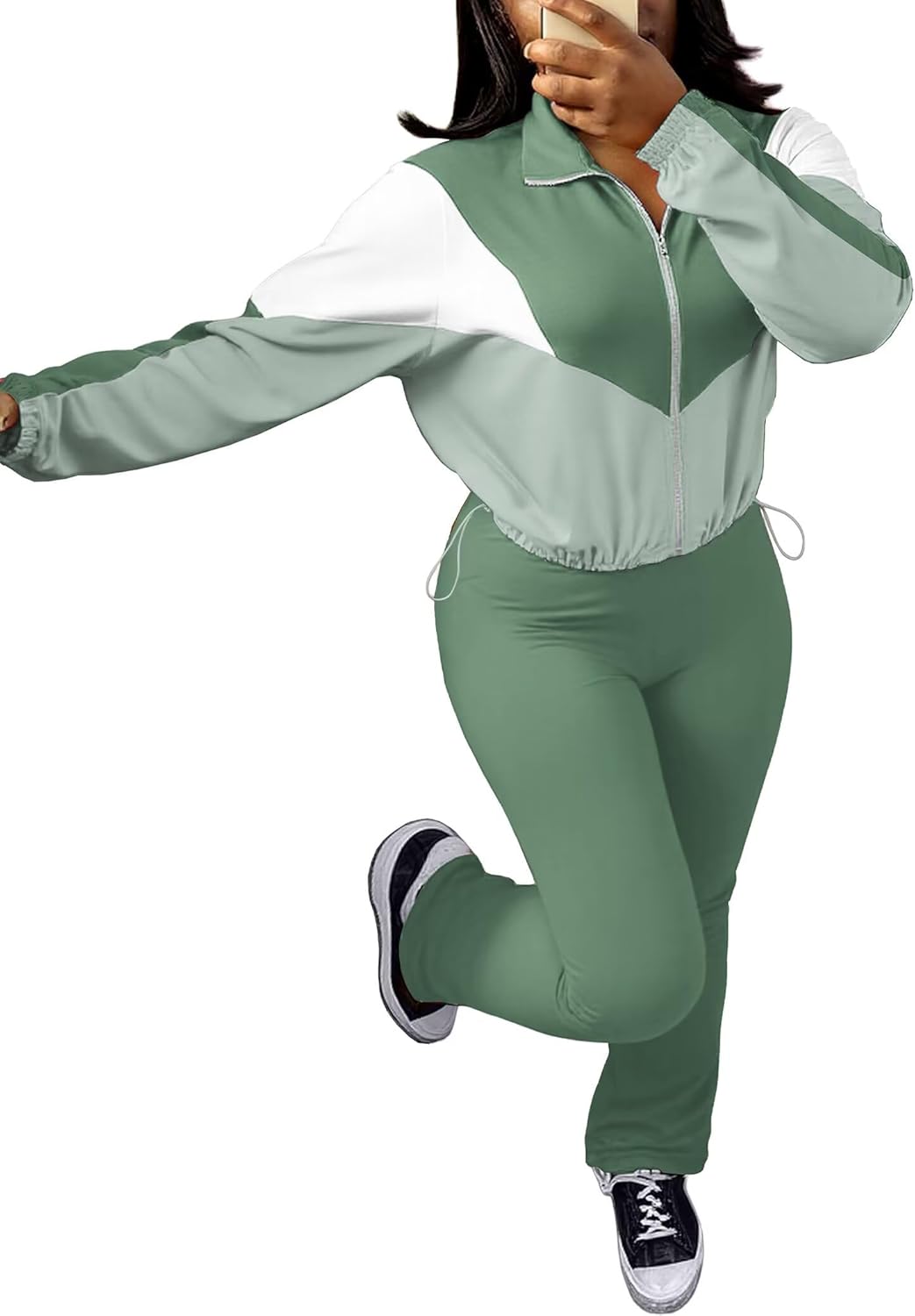 Ophestin Women 2 Piece Outfits Sweatsuits Color Block Long Sleeve Zip Up Cropped Jacket Jogger Pant Set Tracksuits