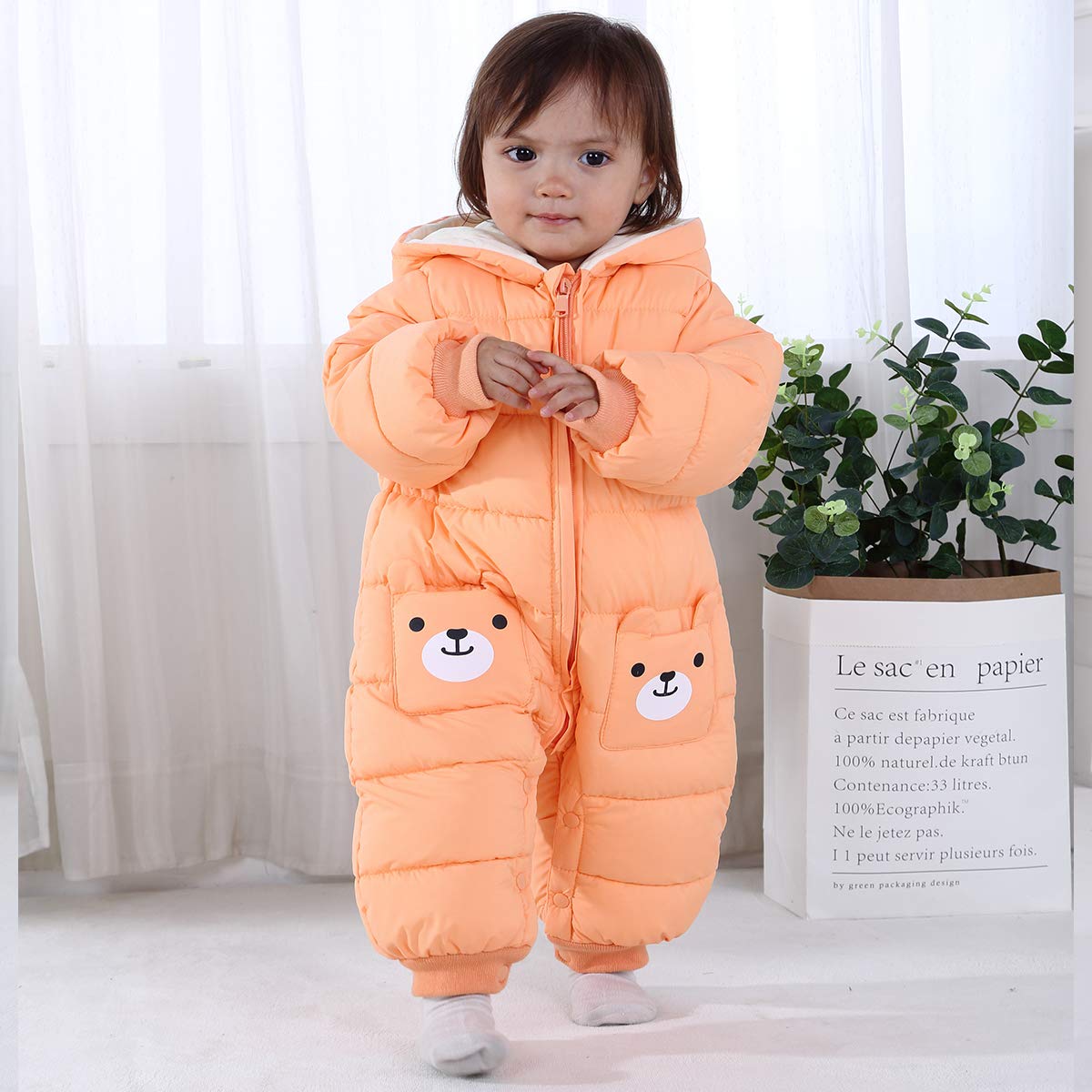 Bébé Barboteuse à Capuche Hiver Grenouillères Jumpsuit Garçons Filles Manche longue Vêtement Cadeau 0-6 mois,Orange