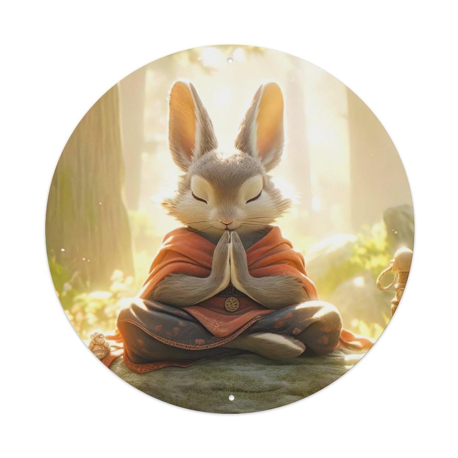 Animal Artwork Meditating Rabbit Vintage Metal Tin Sign Plaque Wall Decor for Cafe, Club, Garden Round Metal Poster 8x8Inch
