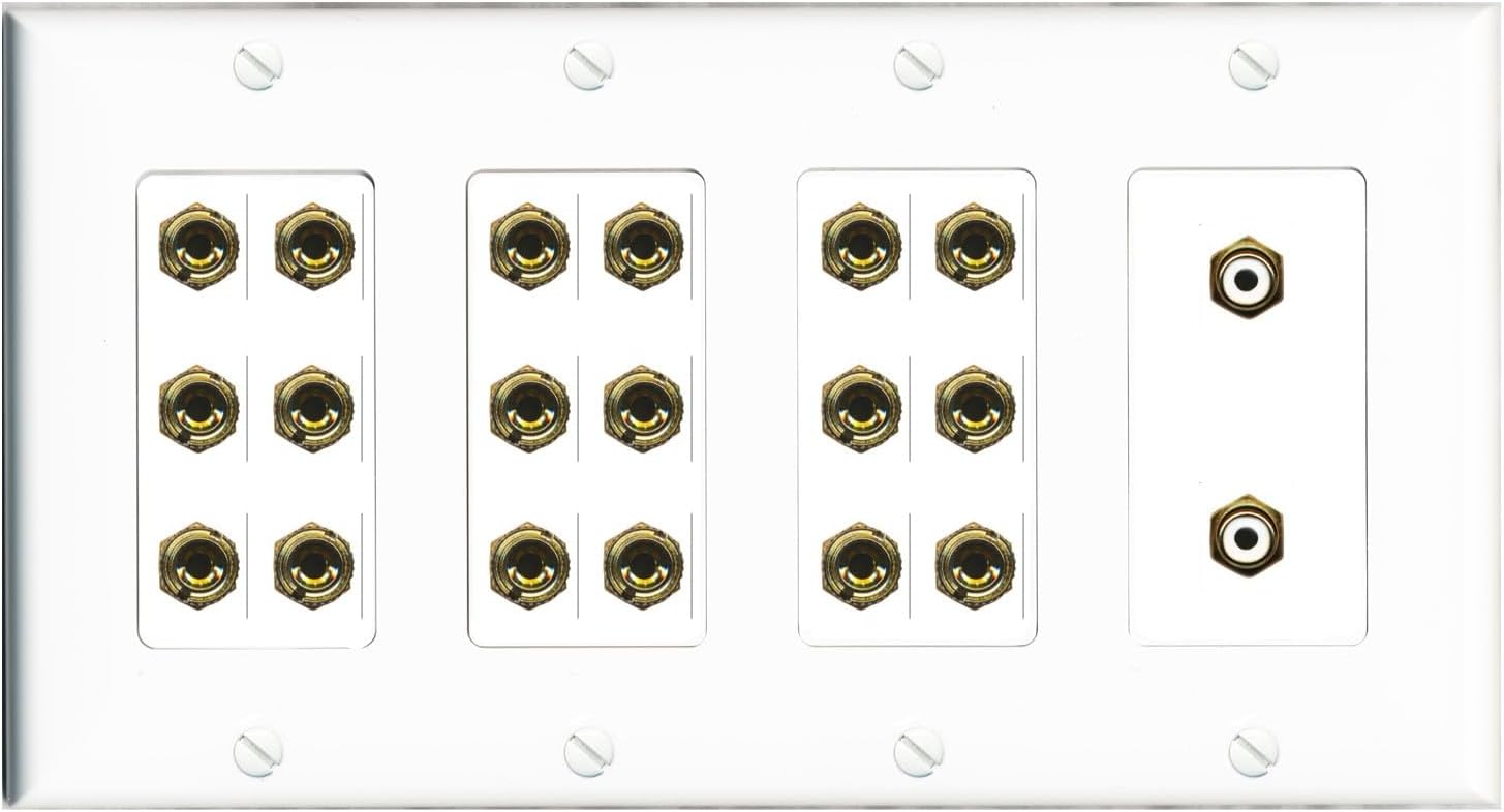 RiteAV 9.2 Surround Sound 9 Speaker 18 Banana Plug Jack Wall Plate w/2 RCA Subwoofer Female Connectors - 4 Gang [White]