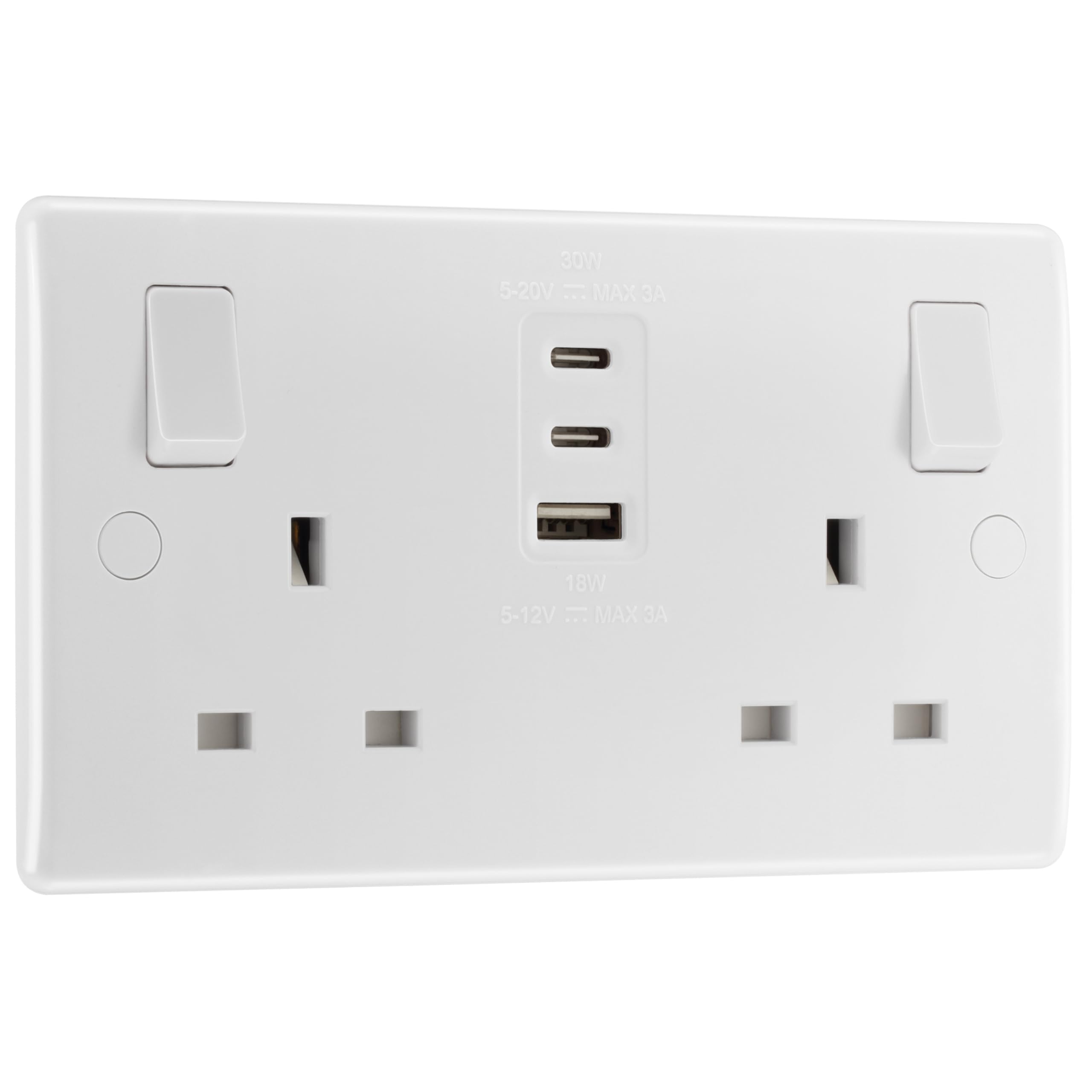 BG Electrical 30W Double Switched Power Wall Plug Socket with Fast Charge, 1 Type A and 2 Type C USB Charging Ports, Round Edge, Nexus 800 Series, White Moulded, 13A, 822UACC30